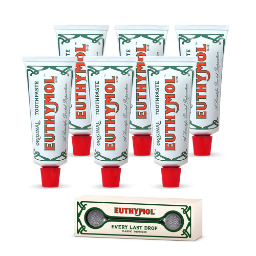 Euthymol Original Toothpaste 75ml x 6 + Squeezer, No Fluoride, Anti-Plaque, Antibacterial, Cavity Protection, Teeth & Gums Clean and Healthy, Cool Mint Refresh, Daily Oral Enamel Dental Care Euthymol Original Toothpaste 75ml x 6 + Squeezer, No Fluoride, Anti-Plaque, Antibacterial, Cavity Protection, Teeth & Gums Clean and Healthy, Cool Mint Refresh, Daily Oral Enamel Dental Care