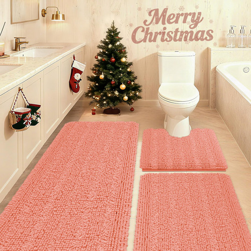 ACCUMTEK Striped Coral Bathroom Rug Set 3 Pieces Ultra Soft, Non Slip Chenille Toilet Mat, Absorbent Plush Shaggy Bath Mats for Bathroom, Bedroom, Kitchen