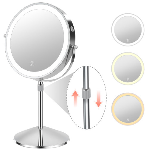 KuMers Lighted Makeup Mirror with Magnification, 10X 8’’Rechargeable Double Sided Vanity Mirror with Lights Magnifying Makeup Mirror with 3 Color Light with 360° Rotation, Detachable Base
