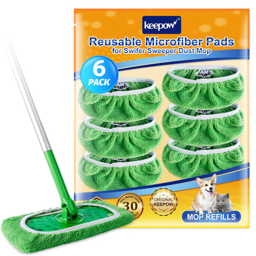 KEEPOW Reusable Wet Pads Refills Compatible with Swiffer Sweeper Mop, Dry Sweeping Cloths, Microfiber Wet Mopping Cloths for Hardwood Floor Cleaning, 6 Pack (Mop is Not Included)