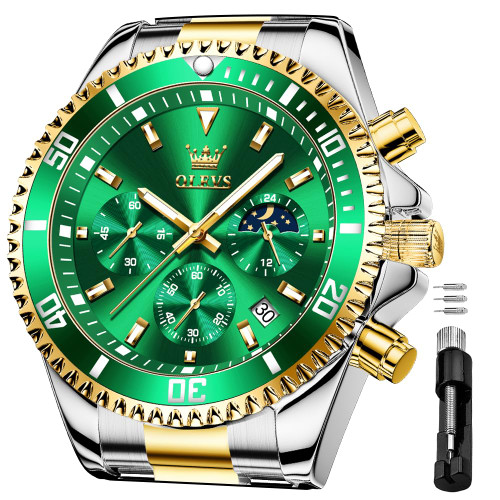 OLEVS Watches for Men Business Dress Big Face Classic Analog Quartz Green Chronograph Multifunction Stainless Steel Calendar Waterproof Luminous Mens Wrist Watches