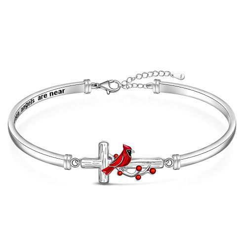Fenthring Red Cardinal Bracelet for Women Sterling Silver Cross Cardinal Appear When Angels are Near Memorial Sympathy Cardinal Bangle Jewelry Charms Mothers Day Gifts