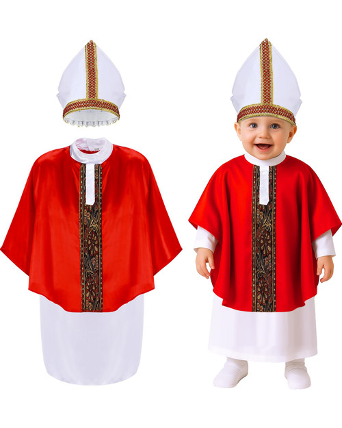 Maiteenly 3 Pcs Halloween Pint Sized Pope Costume Infant Small Bishop Outfit Set White Robe Red Papal Poncho and Hat Maiteenly 3 Pcs Halloween Pint Sized Pope Costume Infant Small Bishop Outfit Set White Robe Red Papal Poncho and Hat