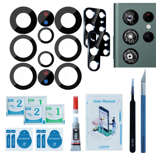 LOZOP 2 Sets S22 Ultra Rear Camera Lens Glass Replacement with Adhesive Compatible for Galaxy S22 Ultra with Repair Tools and Installation Manual