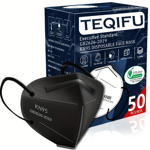 Teqifu 50pcs KN95 Face Mask Black 5 Layer Cup Dust Safety Masks Filter Efficiency≥95% Breathable Elastic Ear Loops Black Masks