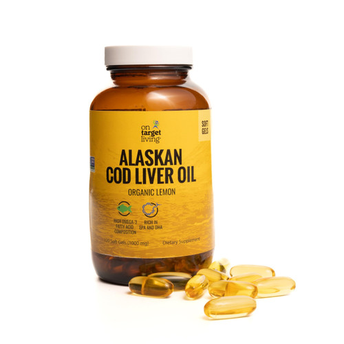 On Target Living Alaskan Cod Liver Oil 120 Soft Gels | Line Caught in The USA | Naturally Occurring Vitamin D | Rich in Omega 3 DHA/EPA