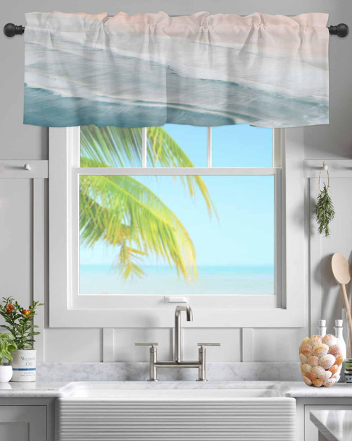 Chucoco Summer Ocean Valance Curtain for Window,Coastal Beach Sea Waves Rod Pocket Kitchen Valances Blue Khaki Gradient Short Curtain Windows Treatment Drape for Bathroom/Living Room/Bedroom/Cafe