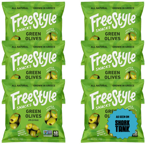 Freestyle Snacks Olive Snack Packs - As Seen on Shark Tank - Single Serve - Fresh Pitted Green Olives, Grown in Greece, All Natural, Non-GMO, Sugar-Free, Salty Snack - Original, 1.1oz (6 Pack)