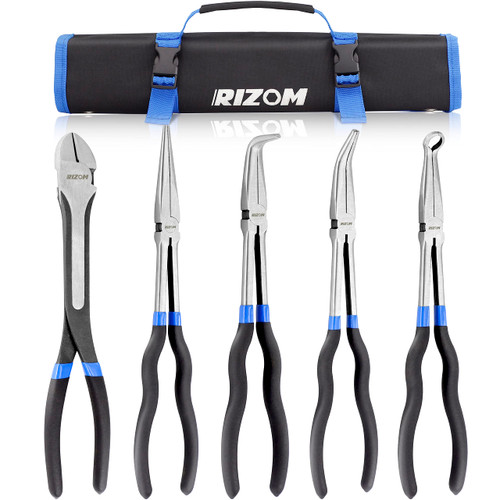 RIZOM 5-Piece 11 Inch Long Needle Nose Pliers Set, Extra Long Reach Pliers Set, 45°&90° Bent Needle Nose Pliers, Circle Nose and Diagonal Pliers for Narrow Spaces and Limited Areas