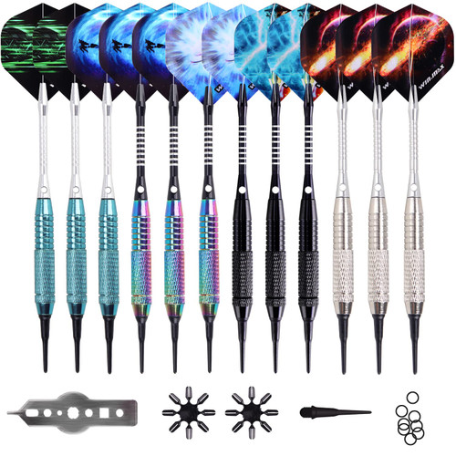 WIN.MAX Darts Plastic Tip - Soft Tip Darts Set - 12 Pcs 18 Gram with 100 Extra Dart Tips 12 Flights Flight Protectors and Wrench for Electronic Dart Board-1767639063