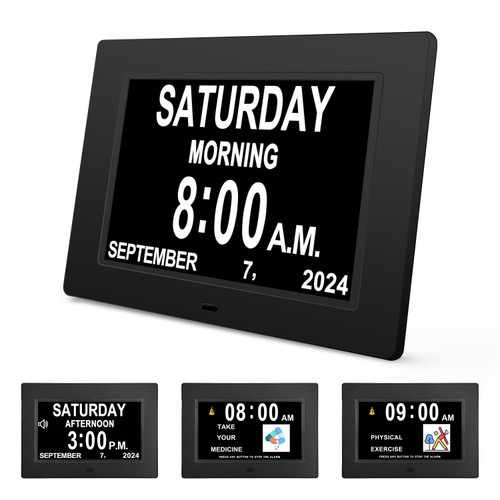 JALL 【2024 New】 Digital Calendar Dementia Day Clock, 7 Inch Large Screen Display, with Multiple Alarms, AM & PM Display, for Impaired Vision People, Age Seniors, for Desk, Wall Mounted