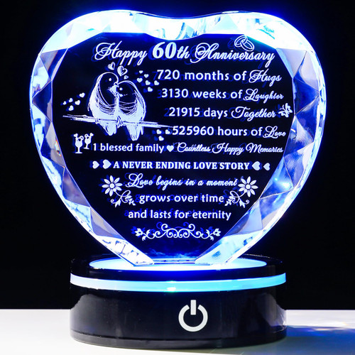 YWHL 60th Wedding Anniversary Crystal Heart Gifts for Parents Couple, Laser Engraved Romantic 60 Year Anniversary Crystal Keepsake Decorations Gifts for Wife Husband, 60 Years of Marriage Gifts