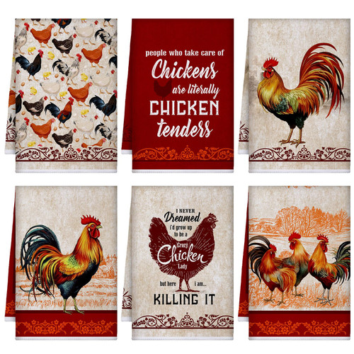 FuWeave 6 Pcs Chicken Kitchen Towels Funny Rooster Dish Towels Christian Farmhouse Dishcloths Vintage Hand Clothes Rustic Chicken Dry Cloth for Christmas Bathroom Decor Housewarming Gift
