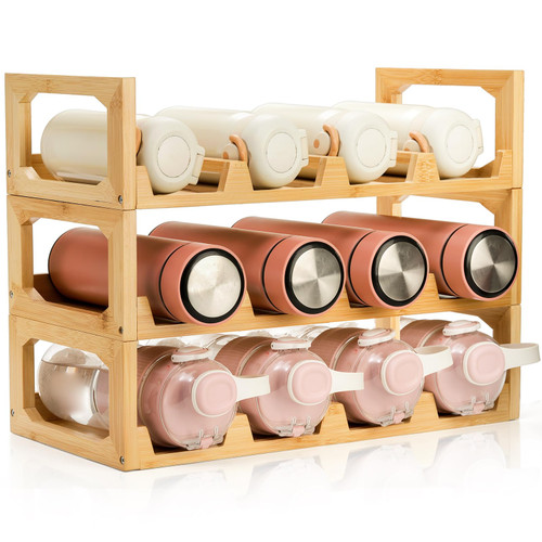 Pumtus 3 Tier Bamboo Water Bottle Organizer, Stackable Bottle Storage Rack, Tumbler Shelf Organizer, Wine Bottle Holder, Drinking Cup Display Rack for Cabinet Kitchen Cupboard, Hold 12 Bottles