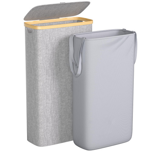 Foluck Slim Laundry Hamper, 60L Waterproof Narrow Laundry Basket with Lid and Removable Bag, Collapsible Tall Clothes Hamper with Bamboo Handles for Clothes Toys in Dorm Bedroom Bathroom, Grey