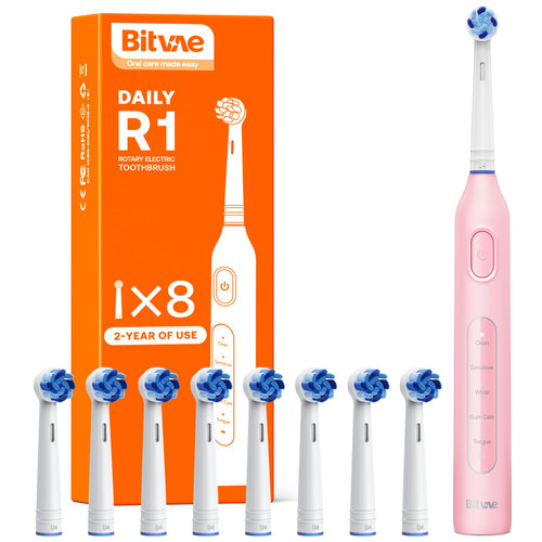 Bitvae R1 Rotating Electric Toothbrush with 8 Brush Heads for Adults and Kids, 5 Modes Rechargeable Power Toothbrush, 3 Hours Fast Charge for 60 Days, Brushing Timer, Pink