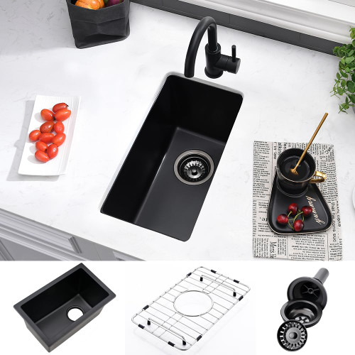 12 Inch Black Bar Sink Undermount-VASOYO 12x16 Rv Sink Kitchen Bar Sinks Black Quartz Composite Oudoor Single Bowl Deep Kitchen Sinks with Bottom Grid