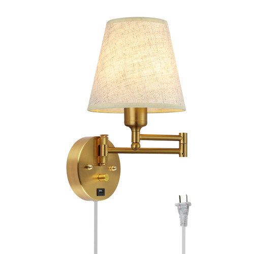 Affsure Bedside Wall Mount Light with Dimmable Switch and USB Port, Gold Swing Arm Fabric Shade Wall Sconce Light with Plug in Cord, Wall Lamp Perfect for Bedroom, Living Room and Hotel