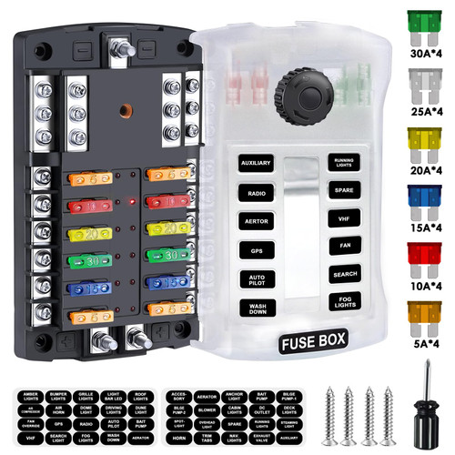 300A 12 Way Blade Fuse Block, Waterproof 12 Circuits Boat Fuse Box Panel with Dual Positive Power Inputs and Negative Bus, Standard ATC/ATO Fuse Holder with LED Indicator, for 12V/24V Car Truck Marine