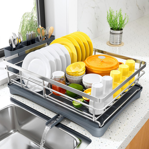 SNTD Dish Drying Rack for Kitchen Counter - Stainless Steel Dish Rack with Drainboard, Large Dish Drainer with Utensil Holder for Sink, Silver