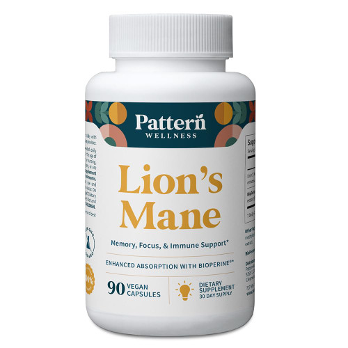 Pattern Wellness Lion’s Mane Mushroom – Supplement Capsules for Cognitive & Focus Support – Enhanced Absorption – 90 Vegan Capsules