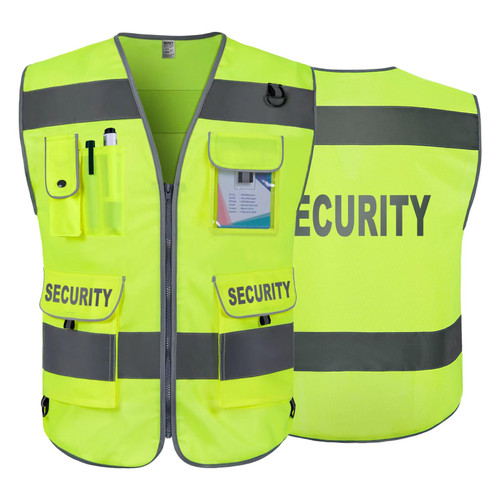 TCCFCCT Security Vest for Security Guard 9 Pockets High Visibility Reflective Safety Vest for Men Women, Durable Hi Vis Vest with Reinforced Sewing, Meets ANSI/ISEA, (G100S-Yellow, L)