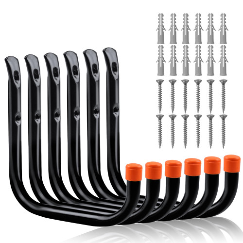 HORUSDY 6 Pack 8 Inch Heavy Duty Garage Hooks, Wall Mount Storage Hangers for Ladder, Bike, Hose, Tools, Holds up to 30LBS, Large Utility Hooks with Screws & Anchors, 7.5" x 7.68"