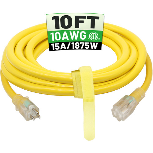 POWGRN 10 Ft 10AWG Outdoor Extension Cord Waterproof Heavy Duty 10 Gauge 3 Prong, Flexible Cold-Resistant Power Cord Indoor & Outside with Lighted Indicator End, 15Amp 1875W SJTW Yellow ETL Listed