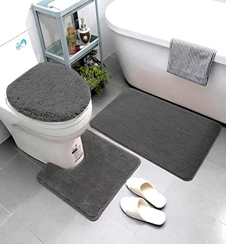 Luxury Home Collection 3 Piece Soft Microfiber Bathroom Rug Set Non-Slip Bath Rug with Rubber Backing, Contour Mat, and Toilet Lid Cover (Charcoal)