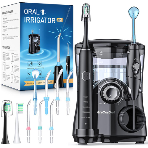 Electric Toothbrush and Water Flosser,600ML Oral Irrigator Water Flosser with 7 Jet Tips,10 Adjustable Pressure Settings,Sonic Electric Toothbrush with 2 Brush Heads,5 Modes(Black)