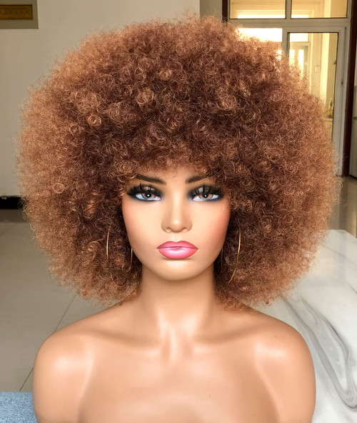 HIHOO Short Afro Wig with Bangs for Black Women Afro Kinky Curly Wig 70s Premium Synthetic Big Afro Wigs(Brown)