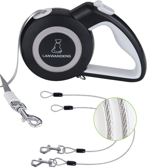 Chew Proof Retractable Dog Leash with 2 Heavy Duty Anti-Chewing Wire Ropes, 16FT Leashes 360 Tangle Free for 2 Dogs, Dual Dog Lead for Small/Medium/Large Dogs Gray