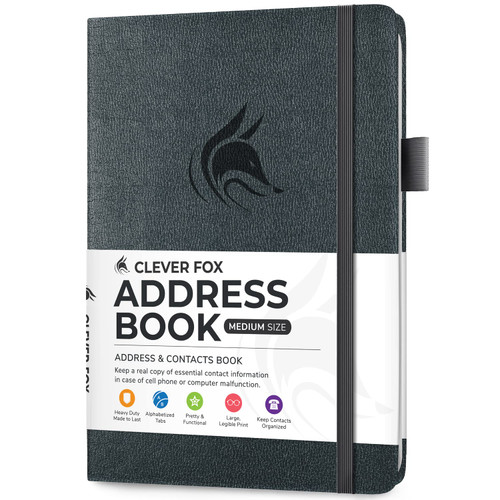 Clever Fox Address Book with alphabetic tabs - PU Leather Telephone and Address Book for Keeping Contacts Safe, Contact Organizer Journal, Medium Size (5.3″ x 7.7″) Hardcover, Silver Black