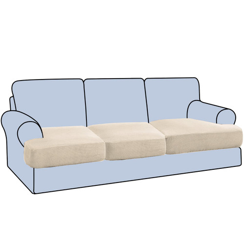 H.VERSAILTEX Stretch 3 Piece T Cushion Sofa Slipcovers Individually Sofa Cushion Covers for 3 Cushion Couch Sofa Seat Cushion Covers with Elastic Bands Featuring Thicker Jacquard Fabric, Natural