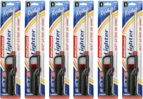 6 Pack - Vezee Fuel Included Handi BBQ Grill Click Flame Long Stem Lighter - Refillable Butane Gas Candle Fireplace Kitchen Stove Wind Resistant, Red