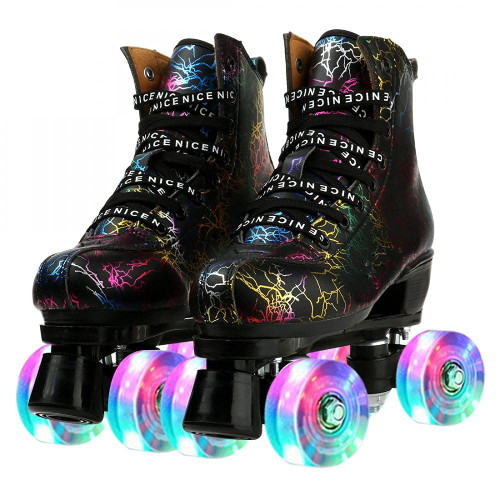 Women Roller Skates Classic High-top Outdoor Skate Roller Light-Up Four-Wheel Lightning Pattern Shiny Roller Skates for Adult Women Men with Shoe Bag (Black Flash Wheel,42=US:8.5)