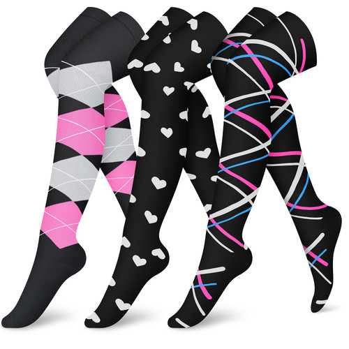 CHARMKING 3 Pairs Thigh High Compression Socks for Women and Men 15-20 mmHg Boost Circulation and All Day Comfort (L/XL, Black/Black/Pink)