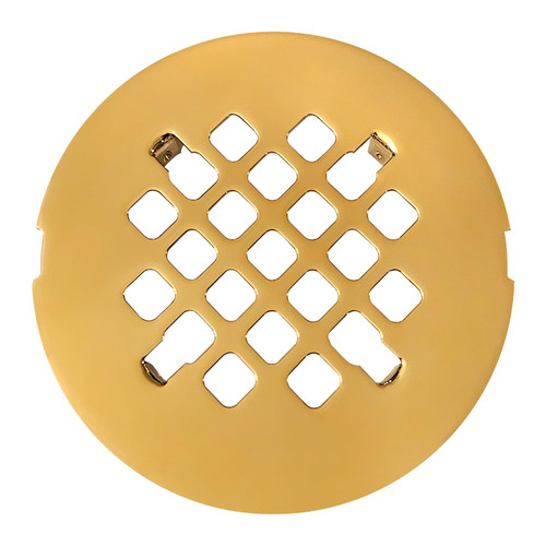 LXLOTUS 4 ¼” Polished Gold Snap-in Shower Drain Cover - Polished Brass Replacement - 4.25" OD Shower Drain Strainer - Easy Install - Premium Round Shower Drain Cover - Solid Brass Construction