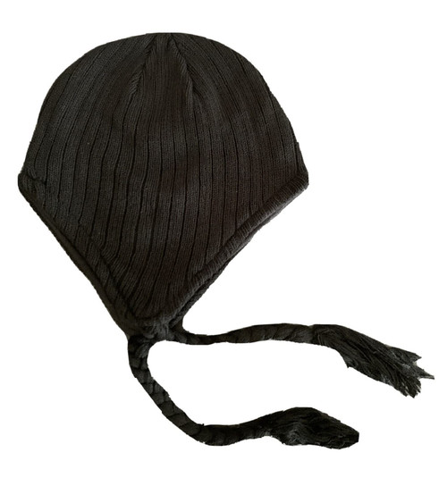 Nayt Men's Peruvian Helmet Style Earflap Strings Solid Plain Beanie Knit Hat Black