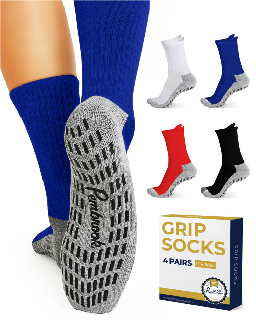 Pembrook 4 Pairs Crew Non Slip Socks - Grip Socks Men Women Husband Dad | Non Skid | Black, White, Red, Blue