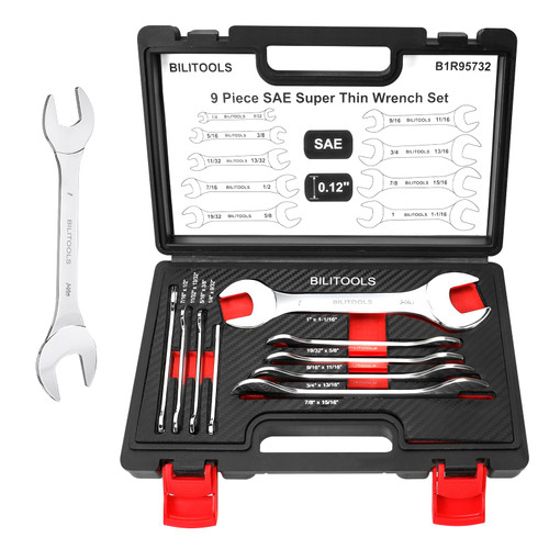 BILITOOLS Super-Thin Wrench Set, 9 Piece SAE Open End Wrench Set, Including 1/4, 9/32, 5/16, 3/8, 11/32, 13/32, 7/16, 1/2,19/32, 5/8, 9/16, 11/16, 3/4, 13/16, 7/8, 15/16, 1, 1-1/16, with Storage Box