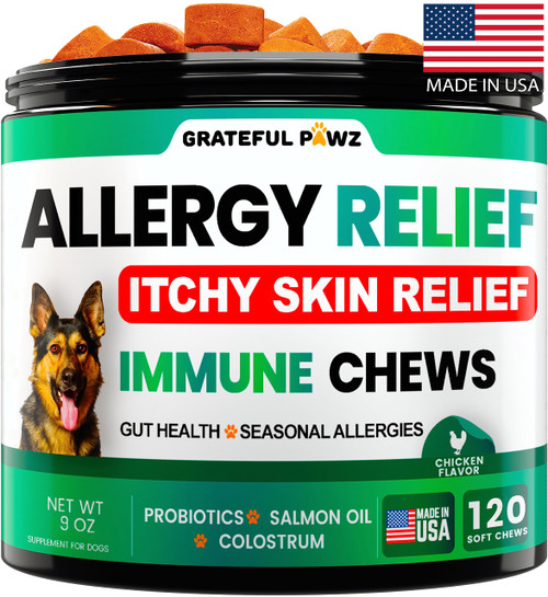 Dog Allergy Relief Chews - Dog Itch Relief - Probiotics, Omega 3 Fish Oil + Colostrum - Itchy Skin - Seasonal Allergies - Anti Itch Support & Hot Spots - Immune Health Supplement - Made in USA