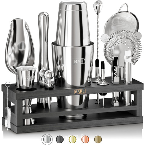 BARE BARREL® Mixology Bartender Kit Bar Set | 16-Piece Cocktail Shaker Set | Martini Barware Mixing Tools for Home Bartending | Incl. 35 Recipe Cards | Gift Set (28oz Boston Shaker, Silver/Black) BARE BARREL® Mixology Bartender Kit Bar Set | 16-Piece Cocktail Shaker Set | Martini Barware Mixing Tools for Home Bartending | Incl. 35 Recipe Cards | Gift Set (28oz Boston Shaker, Silver/Black)