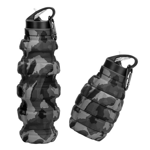QiCheng&LYS Collapsible Water Bottle Sports Bottle 19.5OZ/580ml Travel Water Bottle for Men Women kids. BPA Free Food Grade Silicone. (Dark gray camouflage cup)