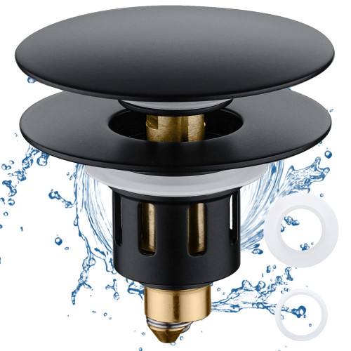 Universal Bathroom Sink Stopper Replacement - for 1.25 Inch Stopper with Hair Catcher, Bounce Core Push-Type, Stainless Steel Sink Drain Stopper Assembly with Strainer, Matte Black