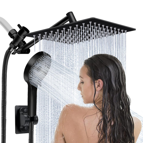 Shower Head,8”Rain Shower Head with Handheld Spray Combo and Adjustable Extension Arm/3-Way Flow Regulator/Shower System,High Pressure Rain Fall Hose,Matt Black