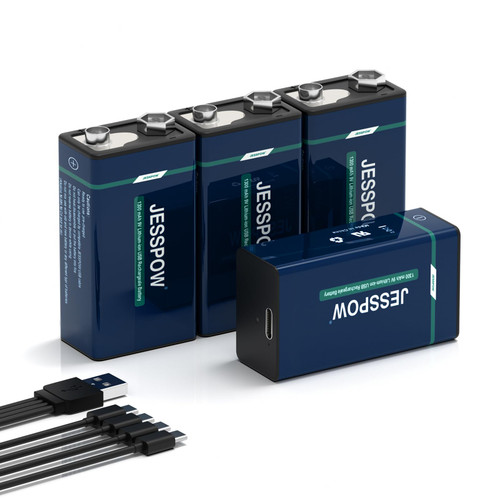 4 Pack 9V Rechargeable Batteries, 1300mAh 9 Volt Lithium Battery for Microphone, Smoke Detector, Electronic Toys, LED Lighting Devices, walkie-Talkie etc USB-C Charge with 4 in 1 Charging Cable