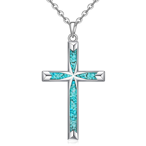 Iringnier Silver Cross Necklaces for Women Turquoise Cross Necklace Dainty Silver Pendant Jewelry Christmas Gifts