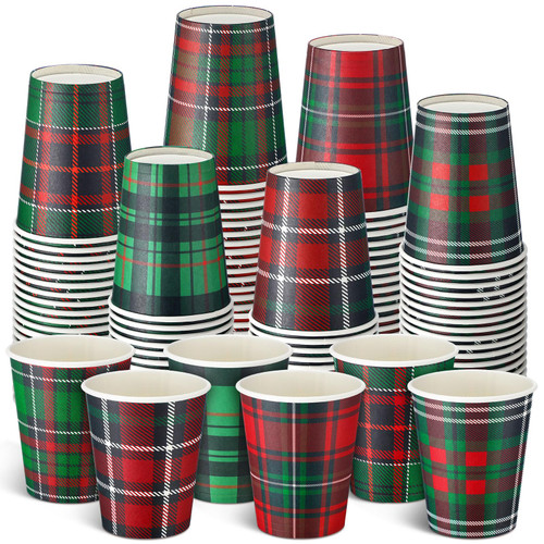 FoldTier 90 Pcs Christmas Paper Cups 9 oz Disposable Christmas Red Green Plaid Coffee Cups Winter Party Supplies for Hot Cold Beverage Chocolate Tea Cocoa Holiday Xmas Table Decoration
