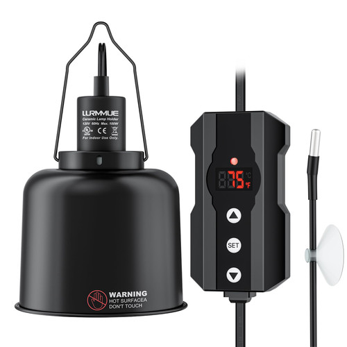 Reptile Heat Lamp Fixture 5.5" Deep Dome with Clamp & Digital Reptile Thermostat Controller, Ceramic Socket UVA UVB Basking Bulb Holder, PID Temp Control for Bearded Dragons Turtles Lizards Snakes